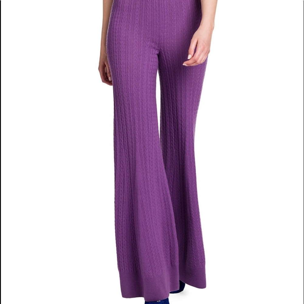 Italian wool pants with cable knit detailing and a dramatic flared leg